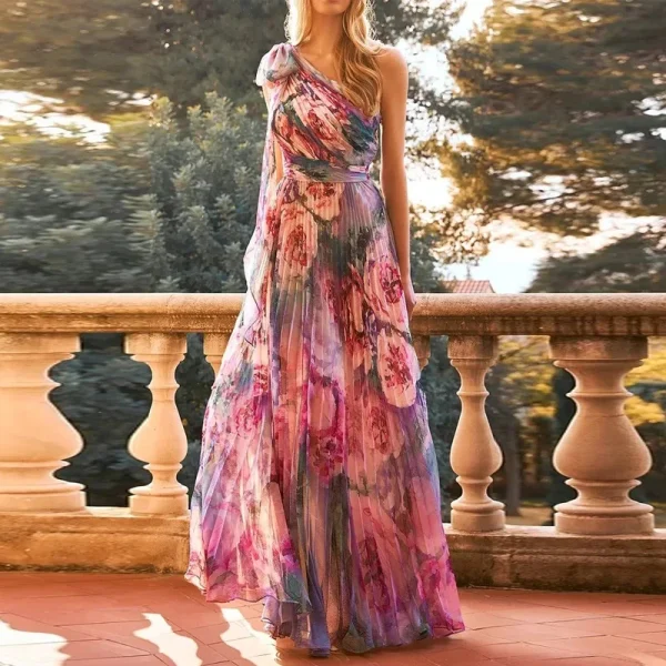 Casual Fashion Print Long Beach Dress Sexy Skew Collar Backless Chiffon Party Dress Women Elegant Lace-up Bow Pleated Boho Dress